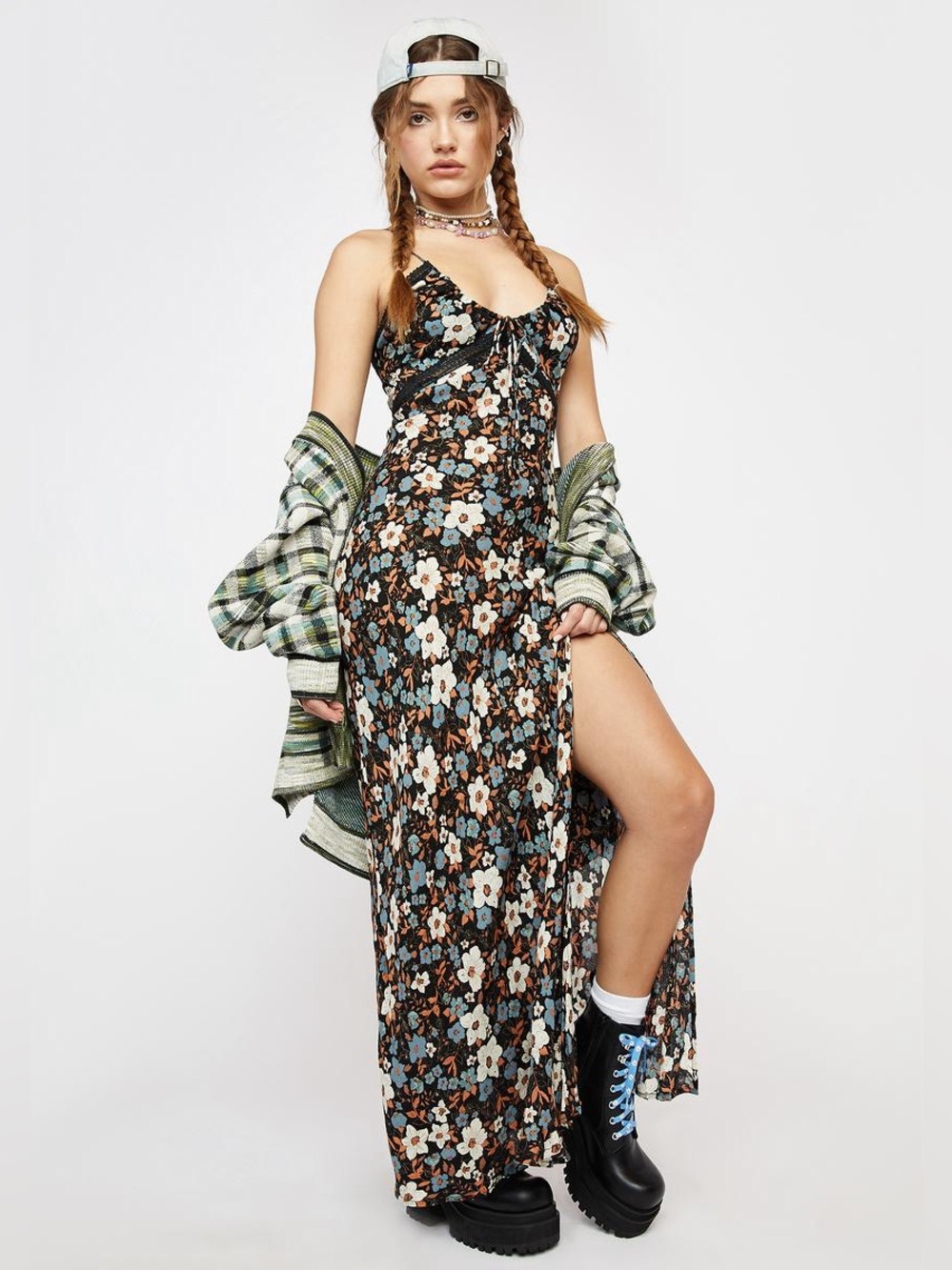 Free People All I Wanted Maxi Slip Dress Black Floral Lace Size M Boho Festival